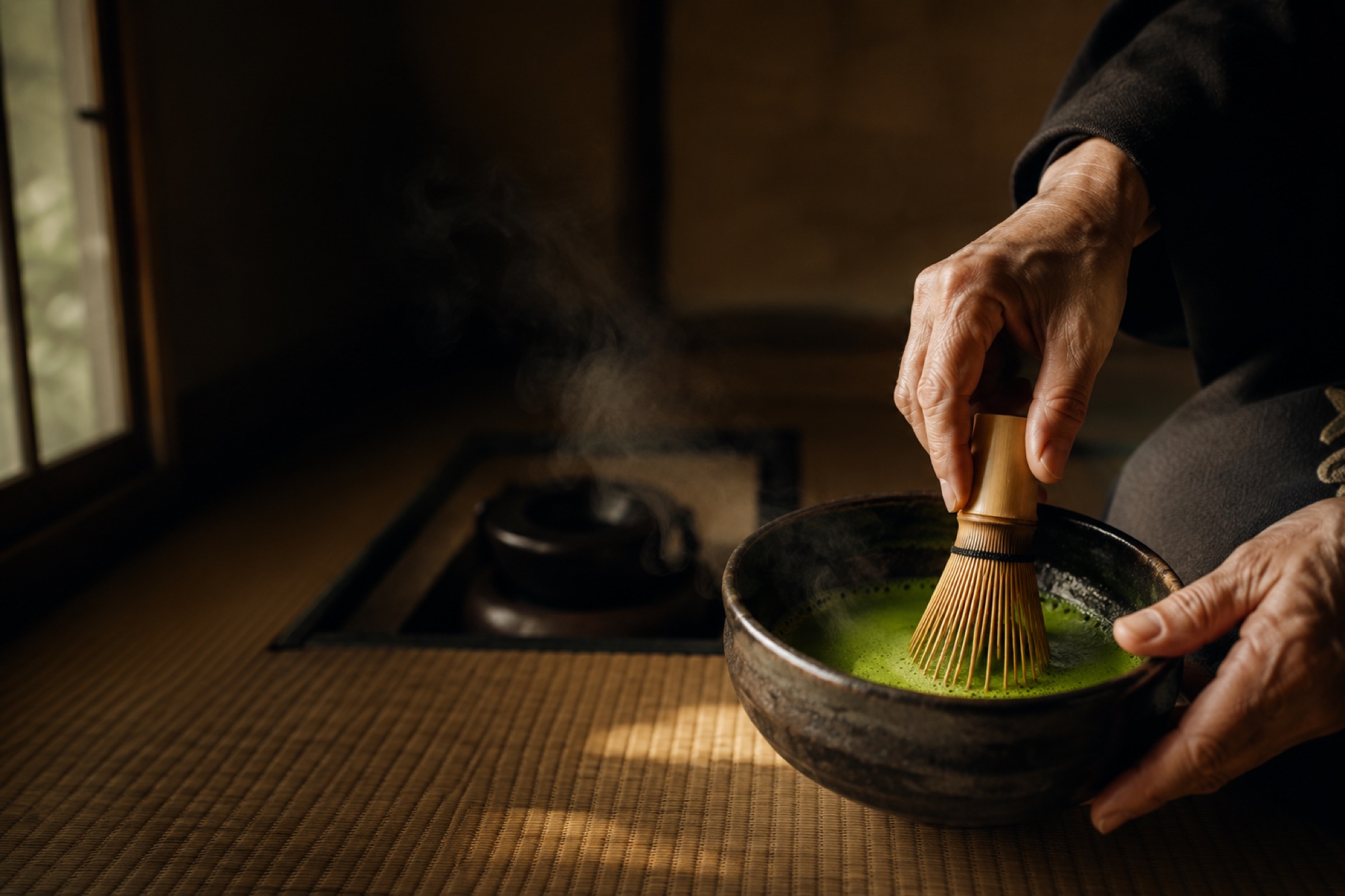 A tea master whisking vivid matcha in a dark tea room