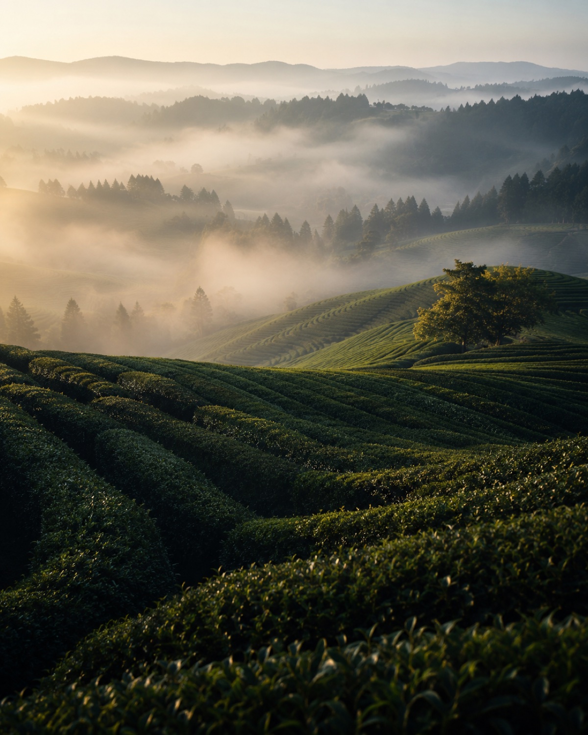A Japanese tea plantation in morning mist